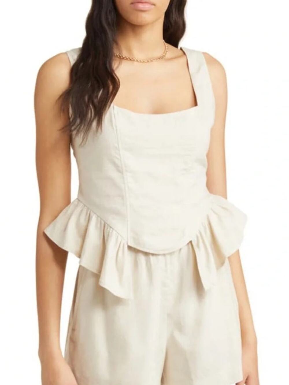 Open Edit Linen Blend Peplum Corset Tank Top Square Neck Sleeveless Ruffle Hem